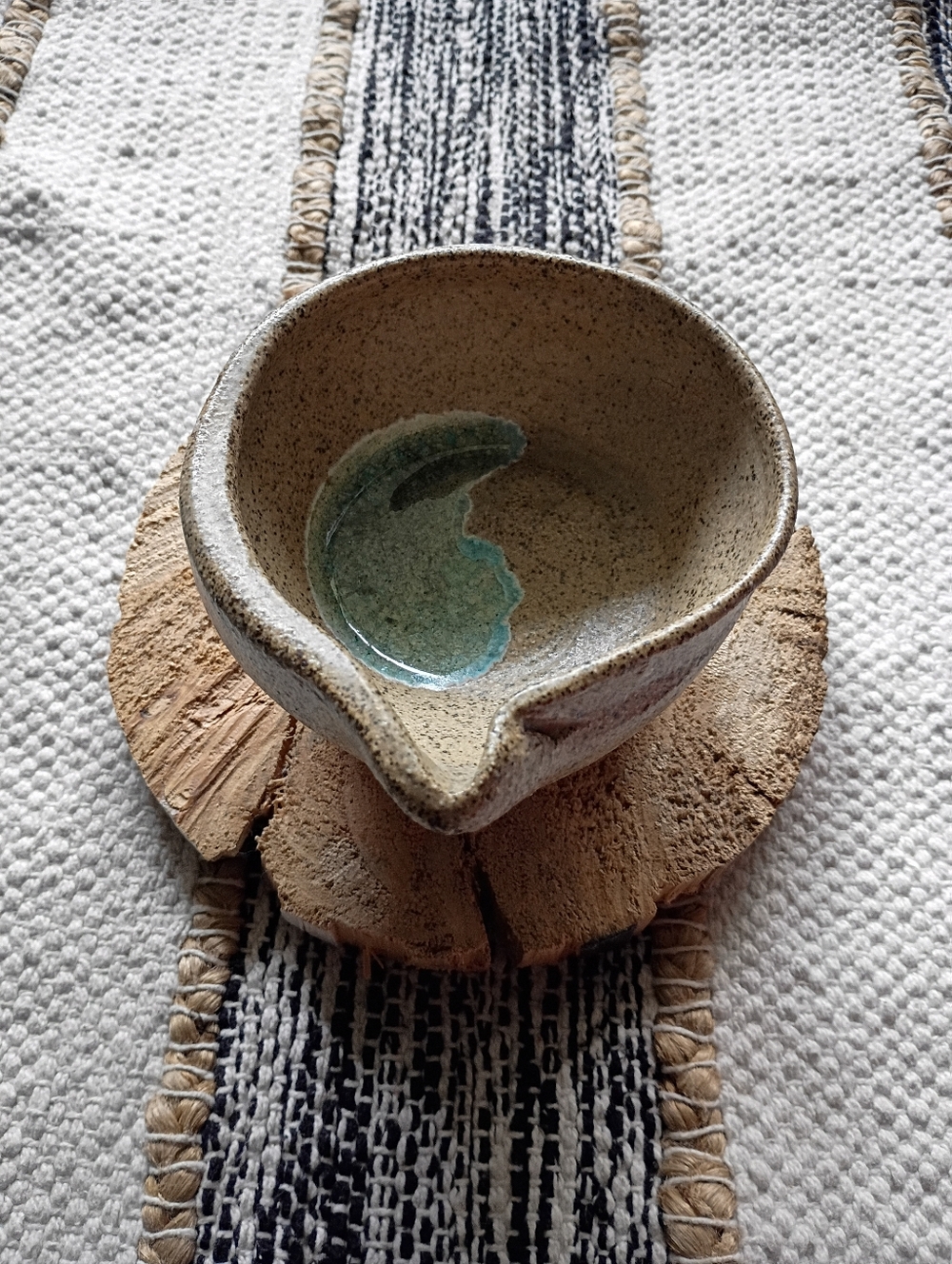 Hand Crafted Speckled Cream Pouring Bowl with Turquoise Accent